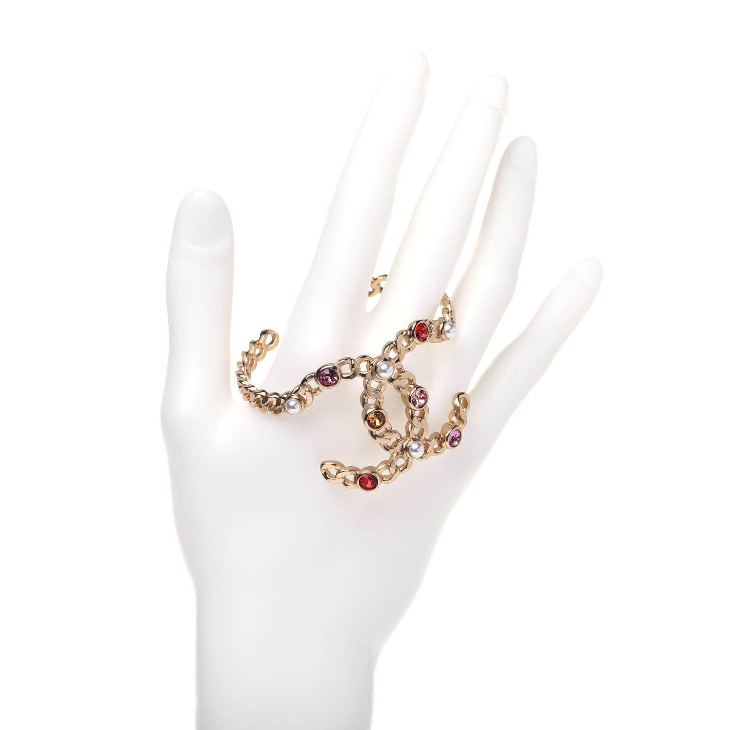 Chanel Metal Pearl Crystal Chain CC Cuff Bracelet Gold 2 of 6