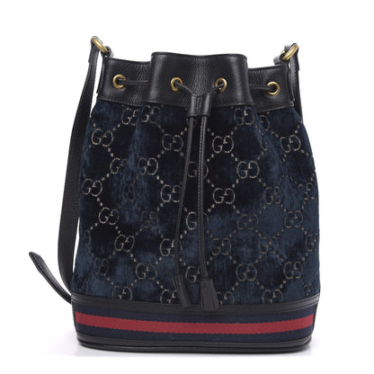 Gucci Velvet GG Monogram Web Bucket Bag Blue Beige 1 of 9