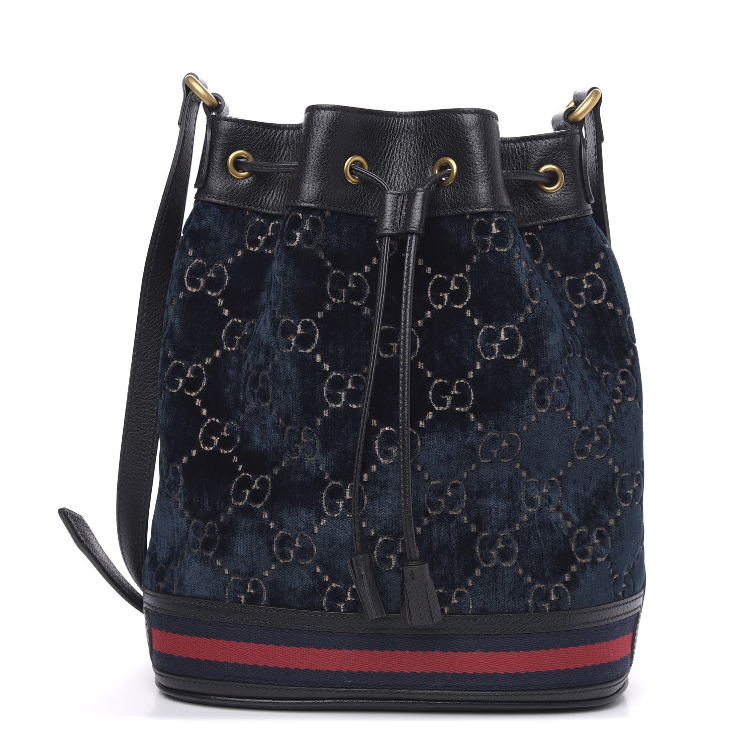 Gucci Velvet GG Monogram Web Bucket Bag Blue Beige 1 of 9