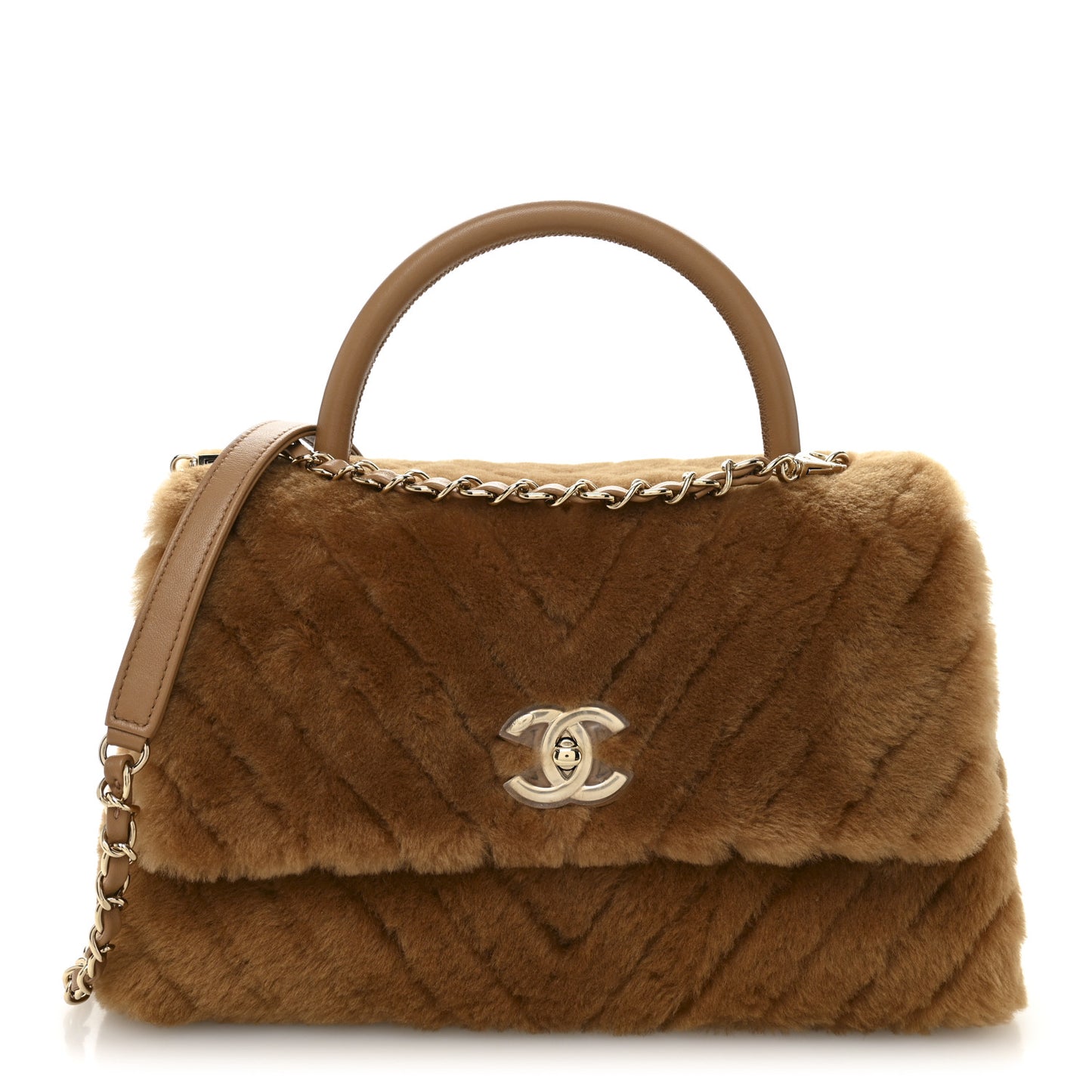 Shearling Lambskin Chevron Quilted Small Coco Handle Flap Beige