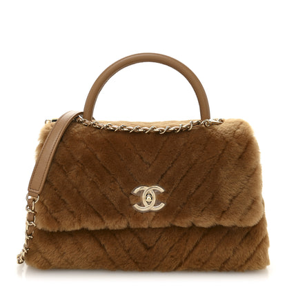 Chanel Shearling Lambskin Chevron Quilted Small Coco Handle Flap Beige 1 of 12