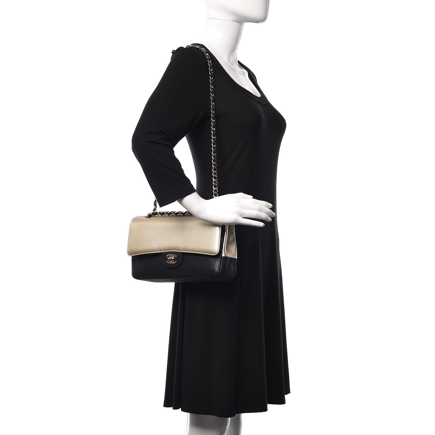 Chanel Caviar Iridescent Calfskin Duo Medium Double Flap Light Gold Black 2 of 20