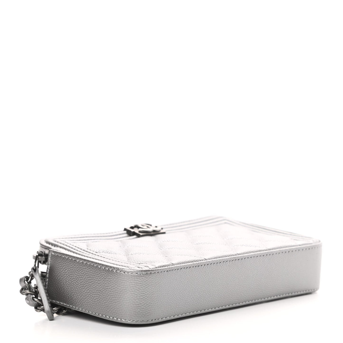 Metallic Caviar Quilted Small Boy Clutch With Chain Silver