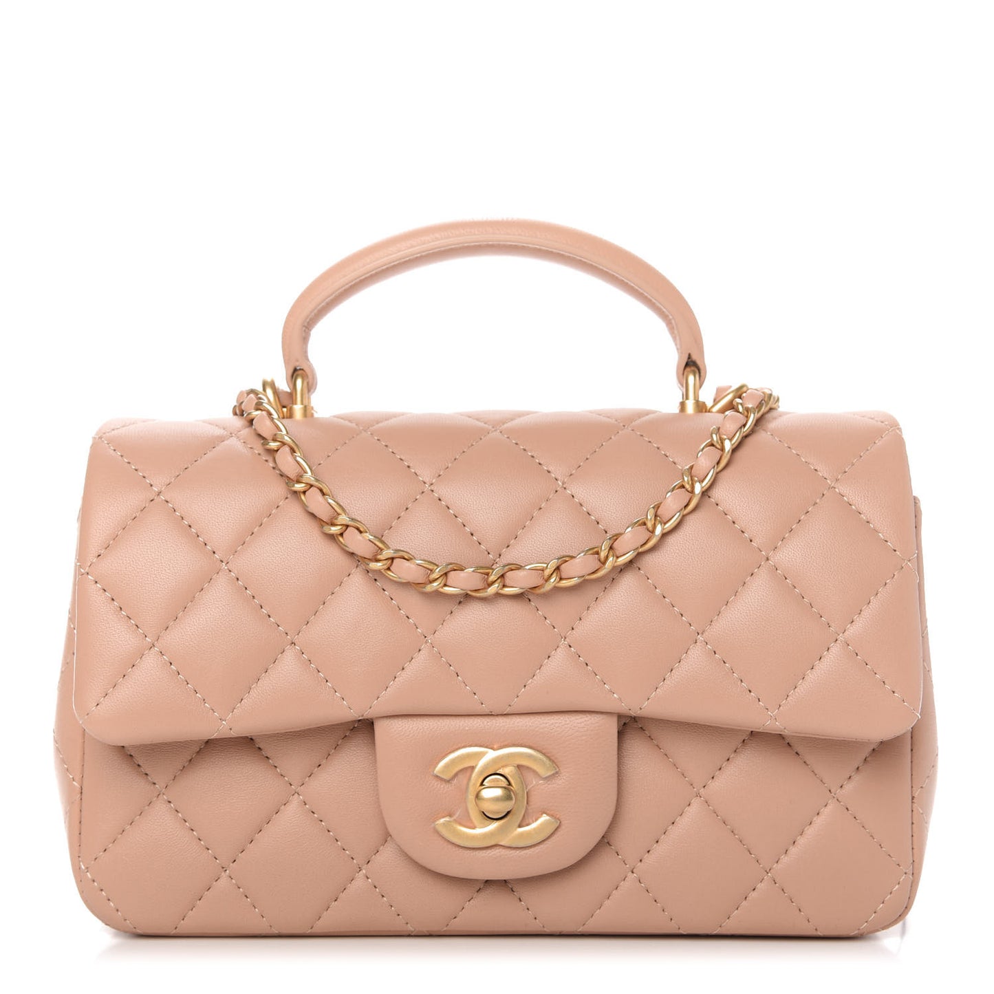 Lambskin Quilted Mini Top Handle Rectangular Flap Beige