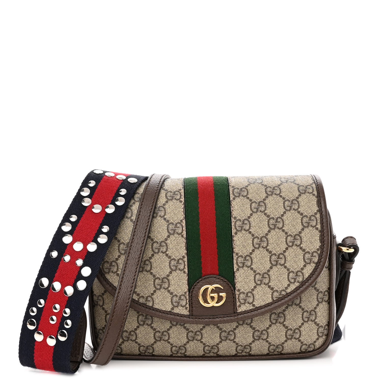 Gucci GG Supreme Monogram Textured Dollar Calfskin Web Studded Mini Ophidia Flap Shoulder Bag Beige Ebony New Acero 1 of 9