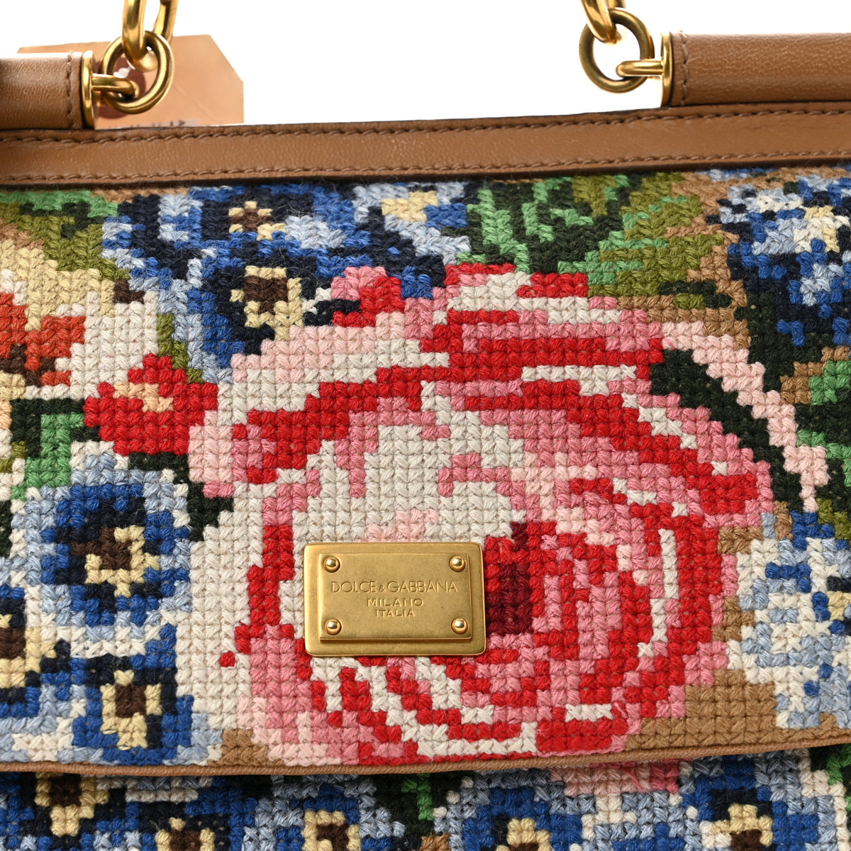 Dolce & Gabbana Crochet Embroidered Floral Print Miss Sicily Top Handle Flap Cammell Multicolor 7 of 11