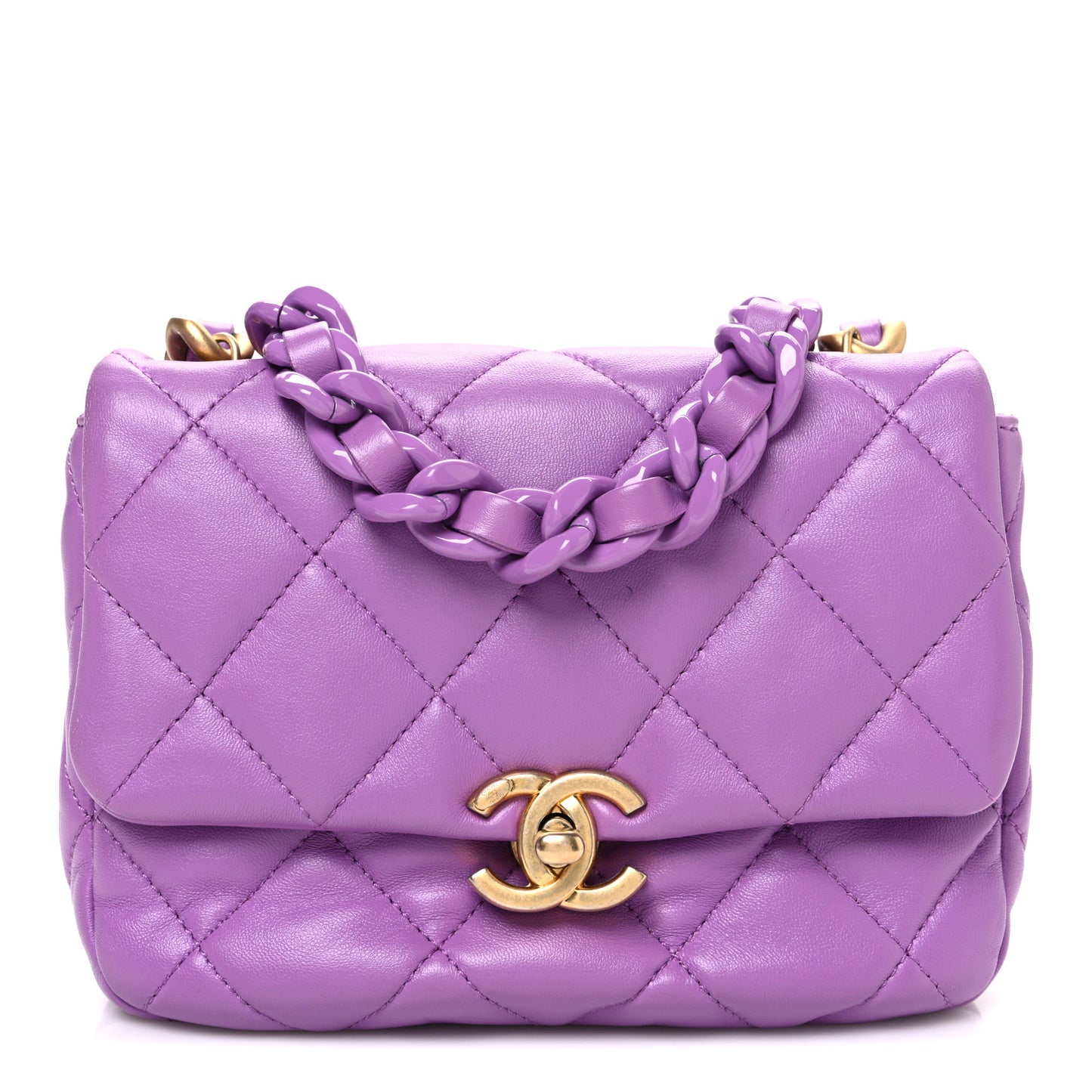 Lambskin Quilted Mini Lacquered Chain Flap Purple