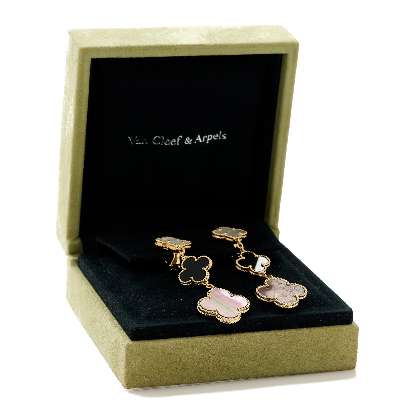18K Yellow Gold Mother of Pearl Black Onyx 3 Motifs Magic Alhambra Earrings