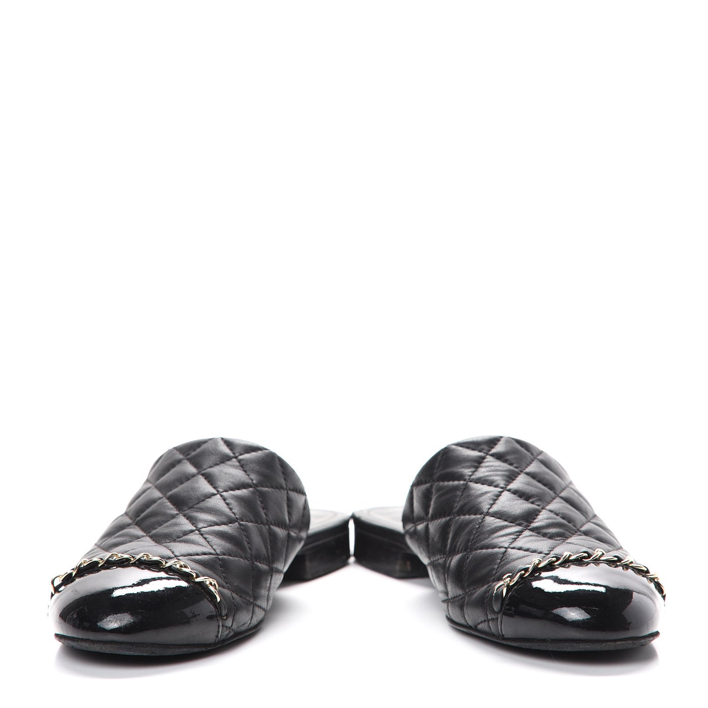 Lambskin Patent Quilted Chain Mules 38 Black