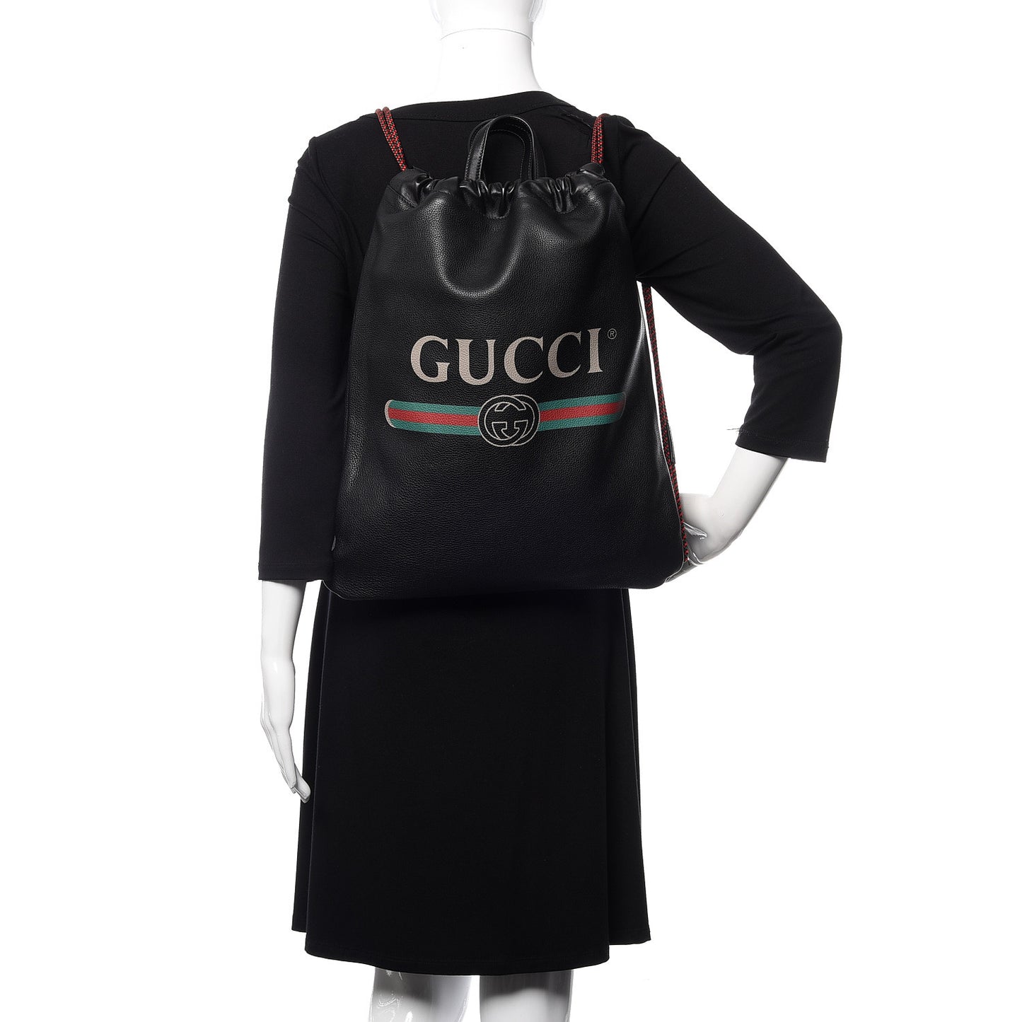 Calfskin Logo Drawstring Backpack Black