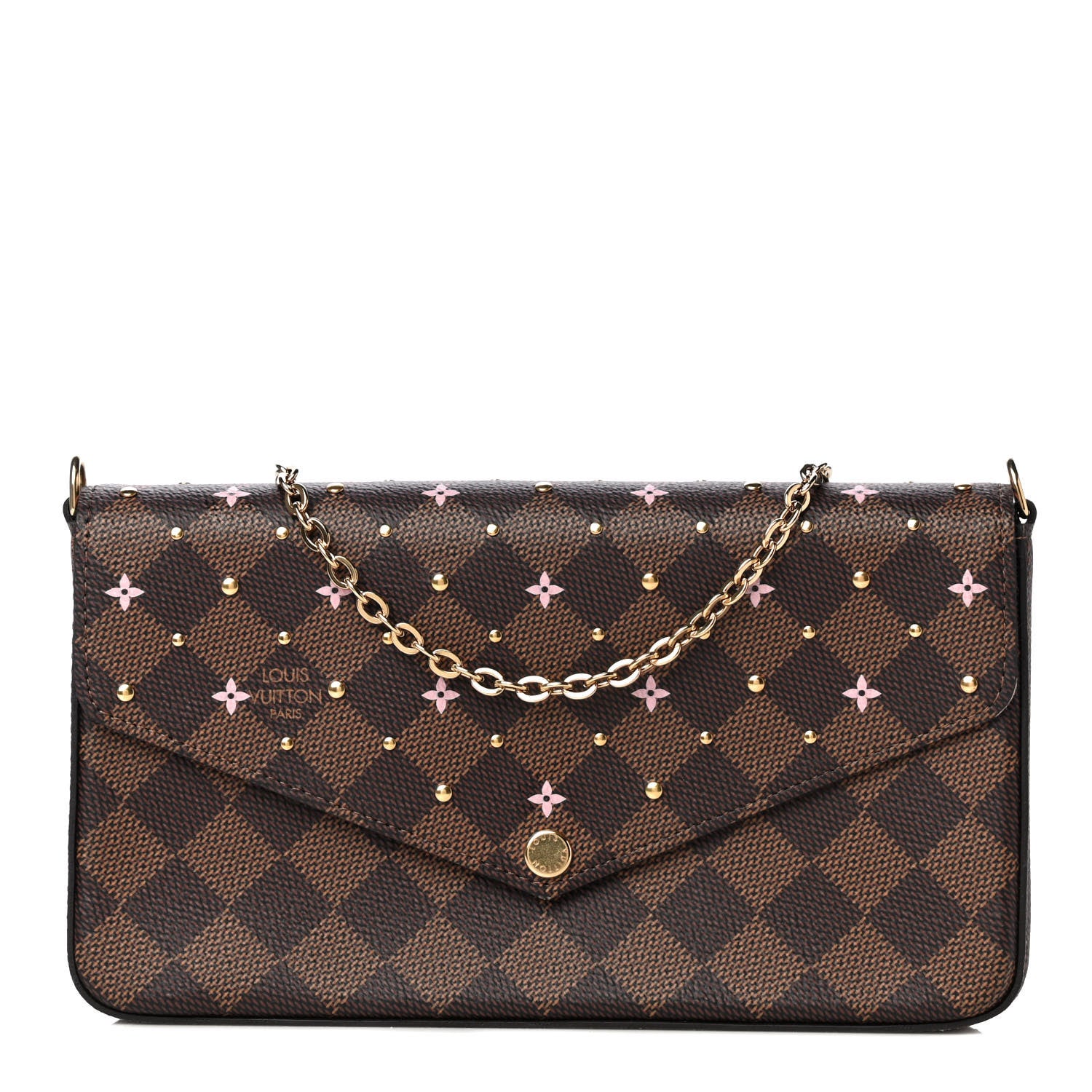 Louis Vuitton Damier Ebene Studded Pochette Felicie Chain Wallet 1 of 11