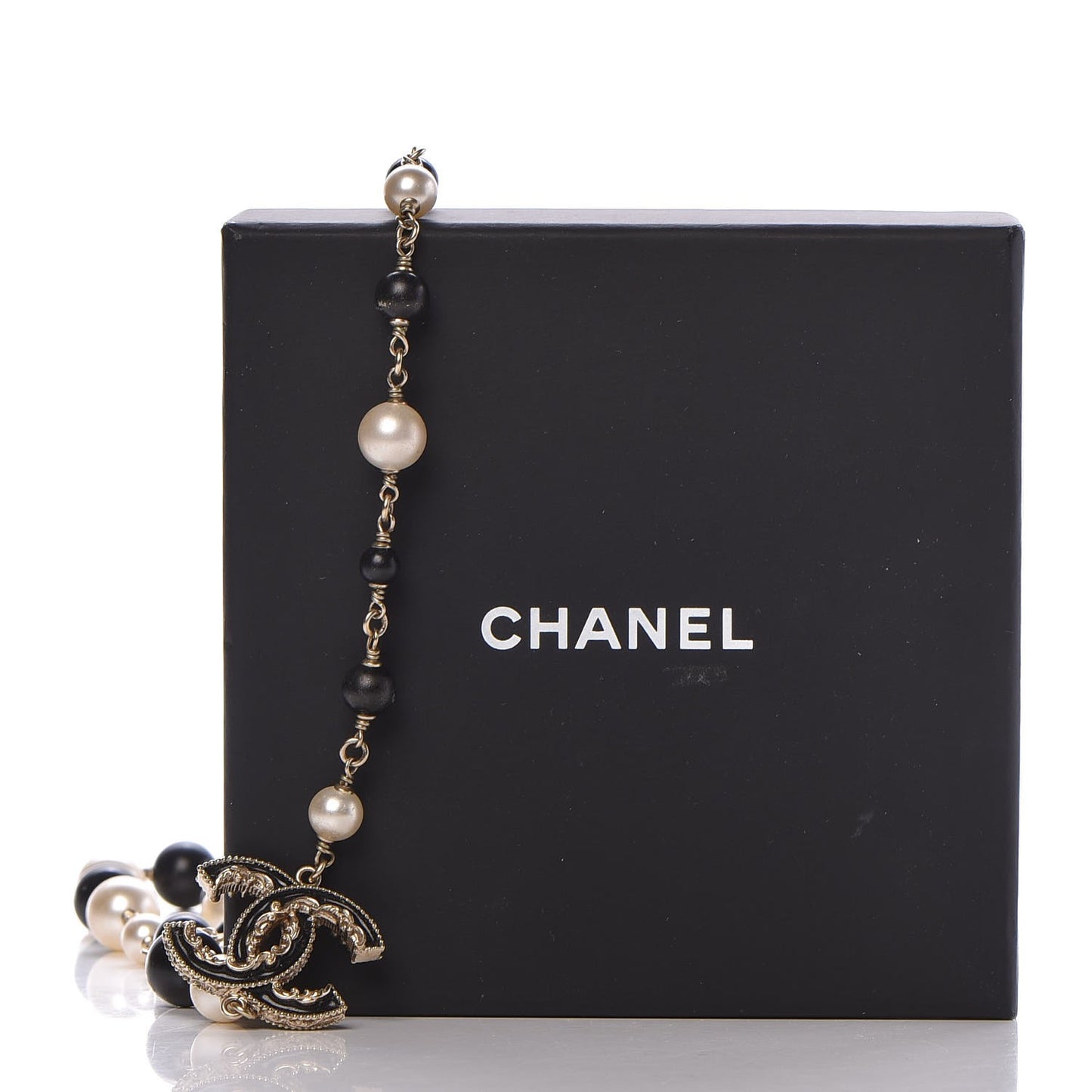 Pearl Bead Enamel CC Long Necklace Black Gold