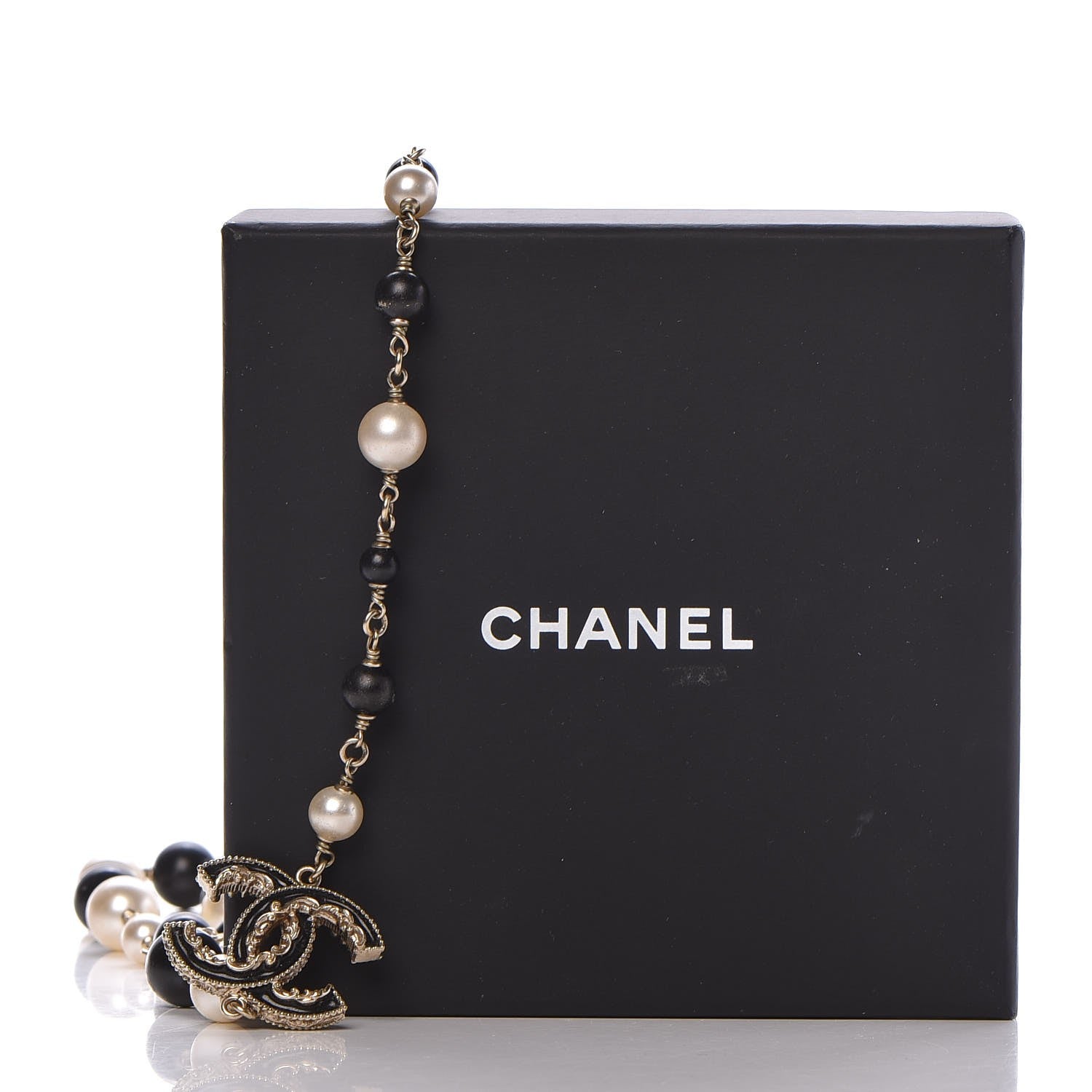 Chanel Pearl Bead Enamel CC Long Necklace Black Gold 6 of 6