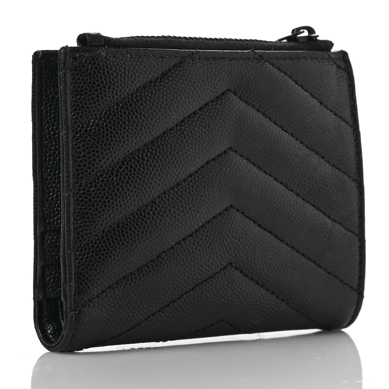 Saint Laurent Grain De Poudre Matelasse Chevron Monogram Zipped Card Case Black 3 of 6