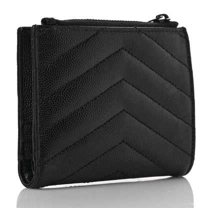 Saint Laurent Grain De Poudre Matelasse Chevron Monogram Zipped Card Case Black 3 of 6