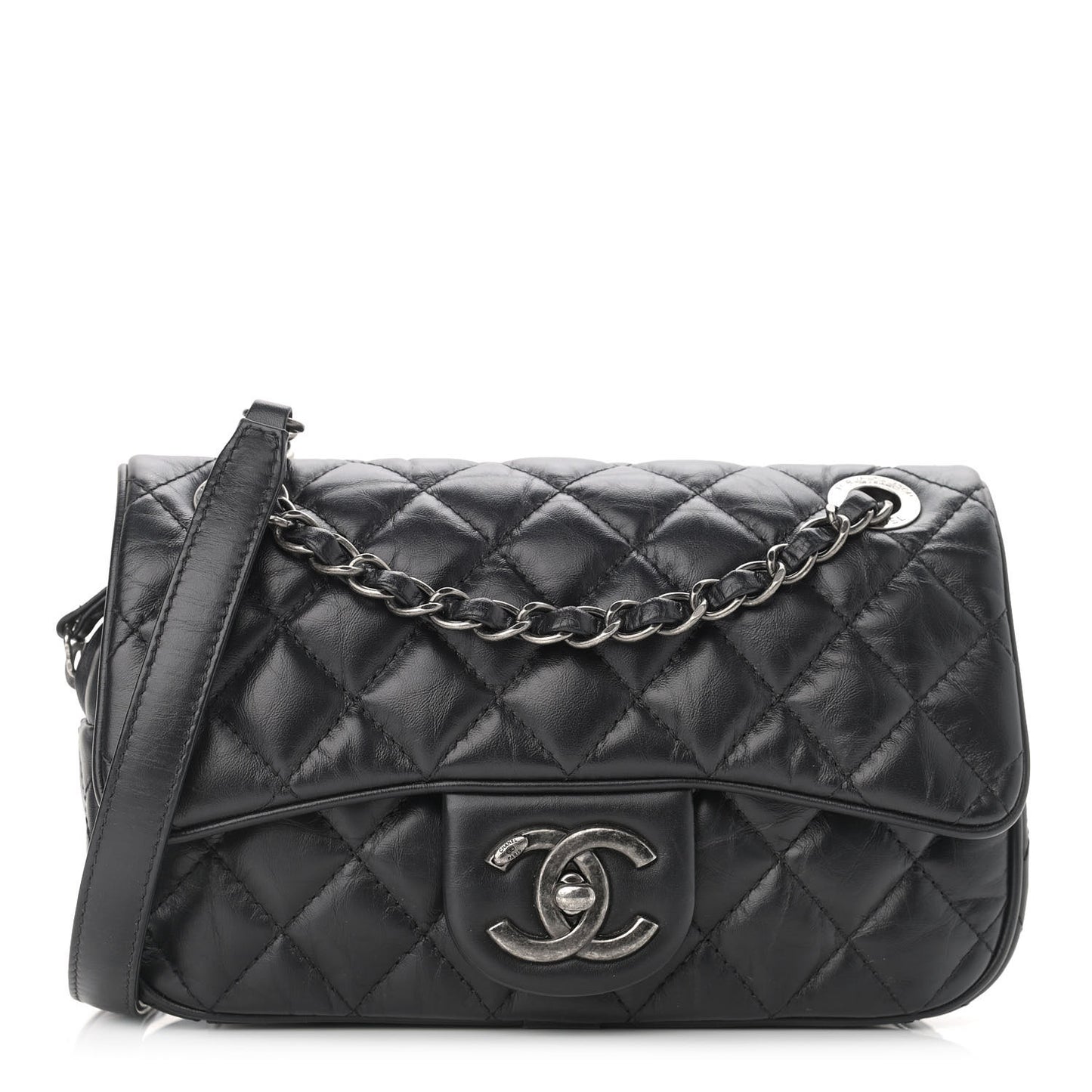 Aged Calfskin Quilted Small Easy Flap Black