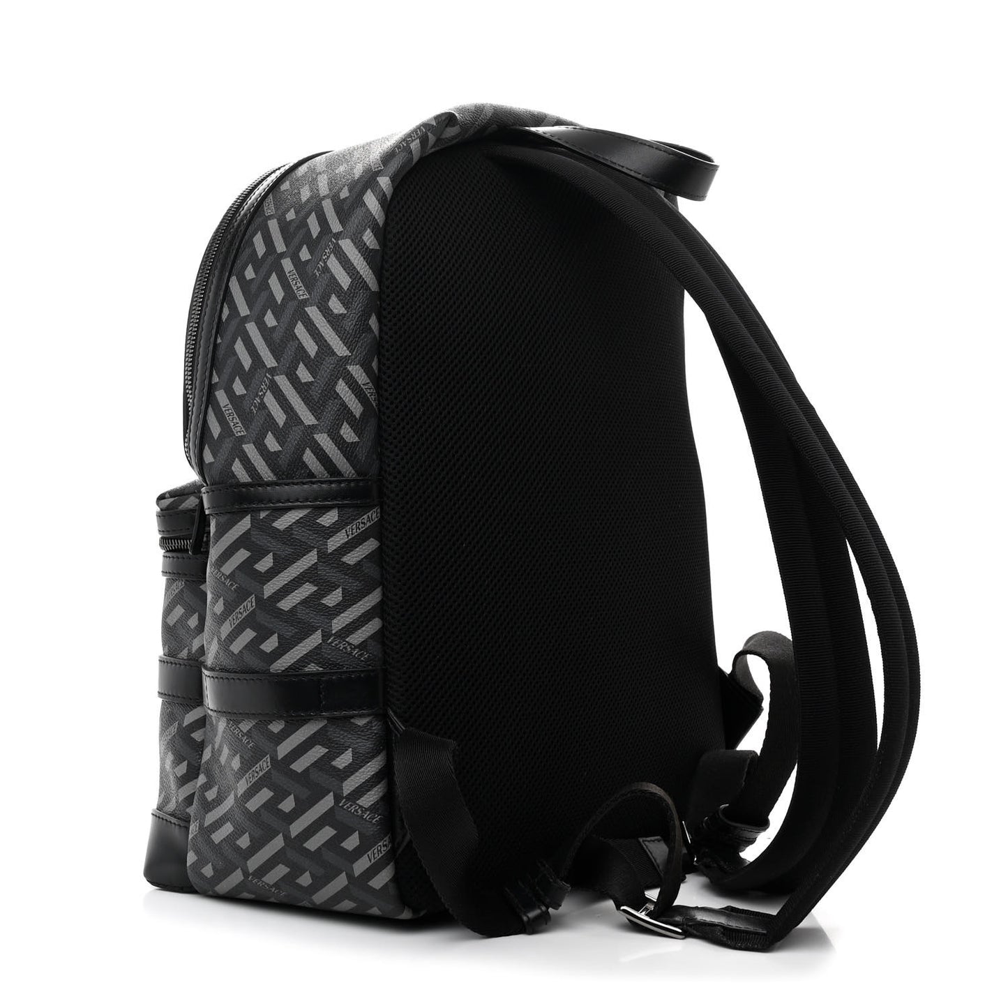 Coated Canvas Calfskin La Greca Signature Backpack Black Grey