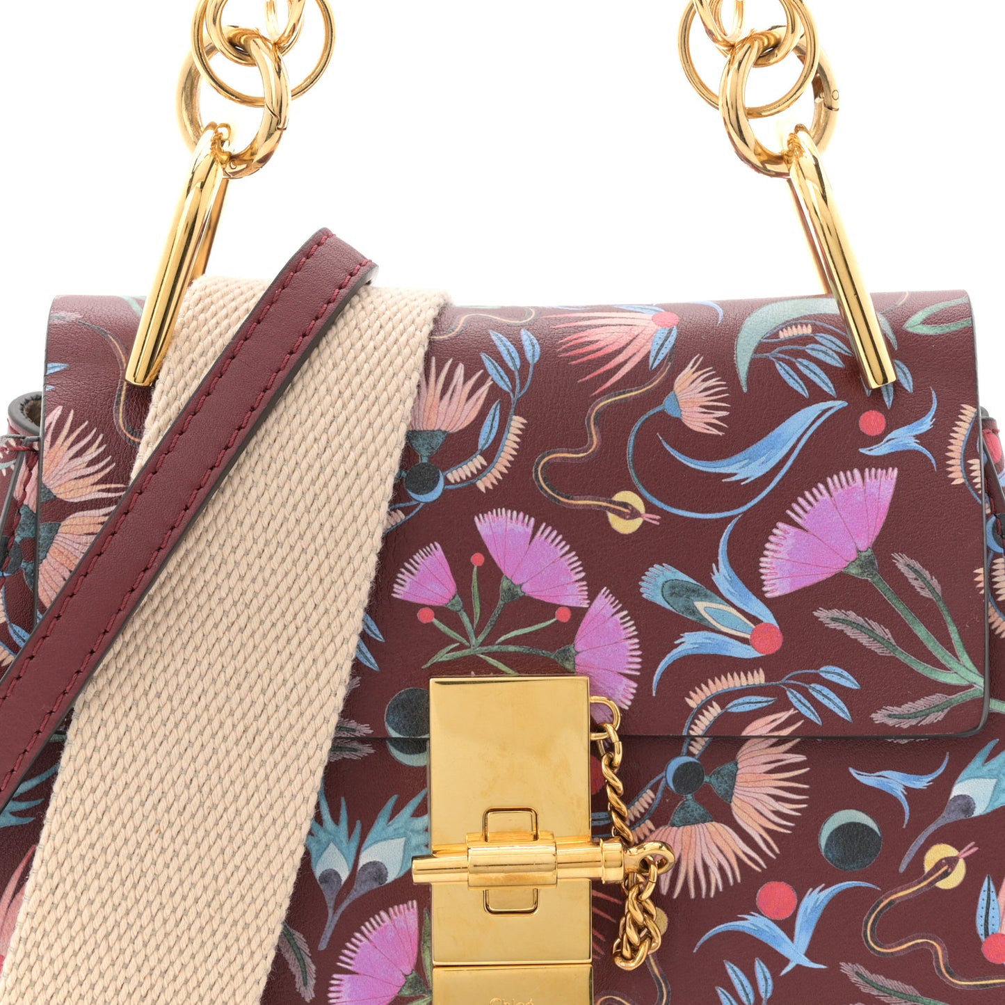 Calfskin Floral Print Drew Bi-Color Shoulder Bag Plum Purple