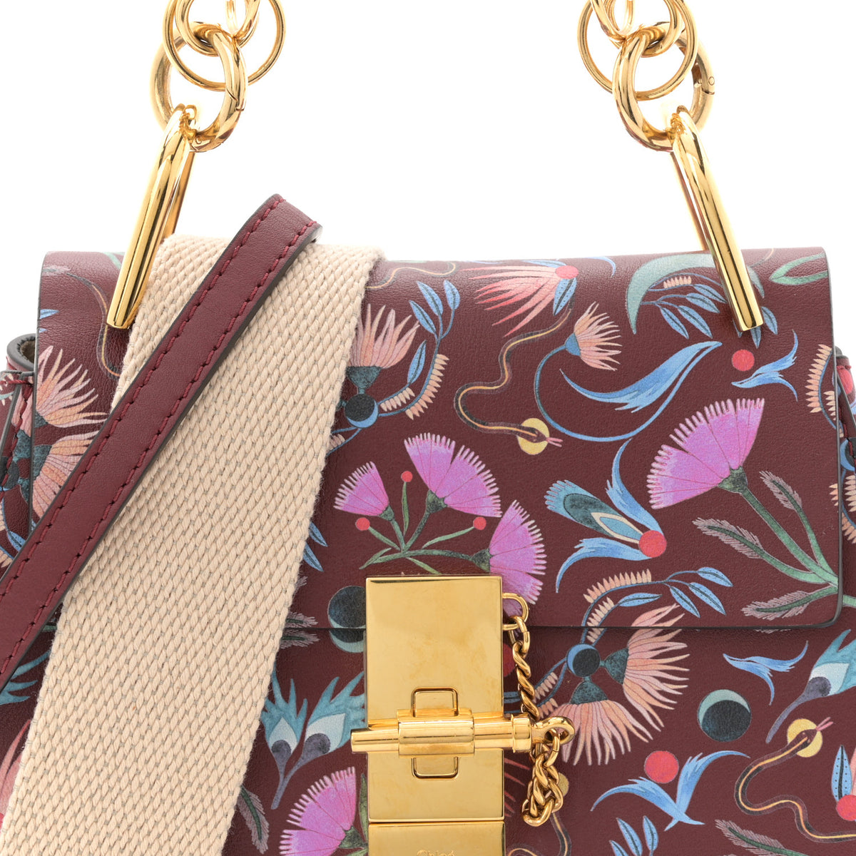Calfskin Floral Print Drew Bi-Color Shoulder Bag Plum Purple