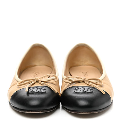Chanel Lambskin Cap Toe CC Ballerina Flats 38.5 Beige Black 2 of 8