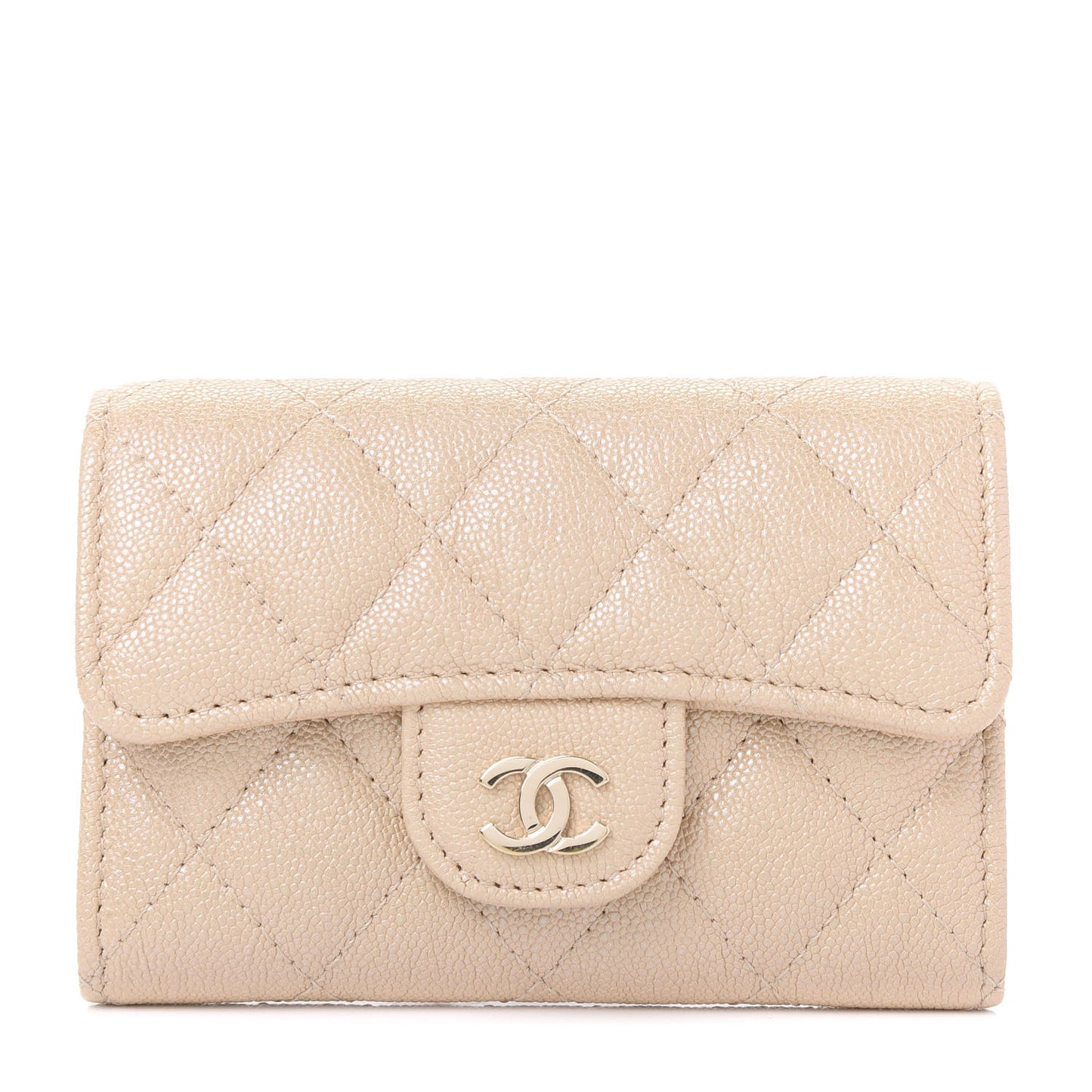 Iridescent Caviar Quilted Flap Card Holder Beige