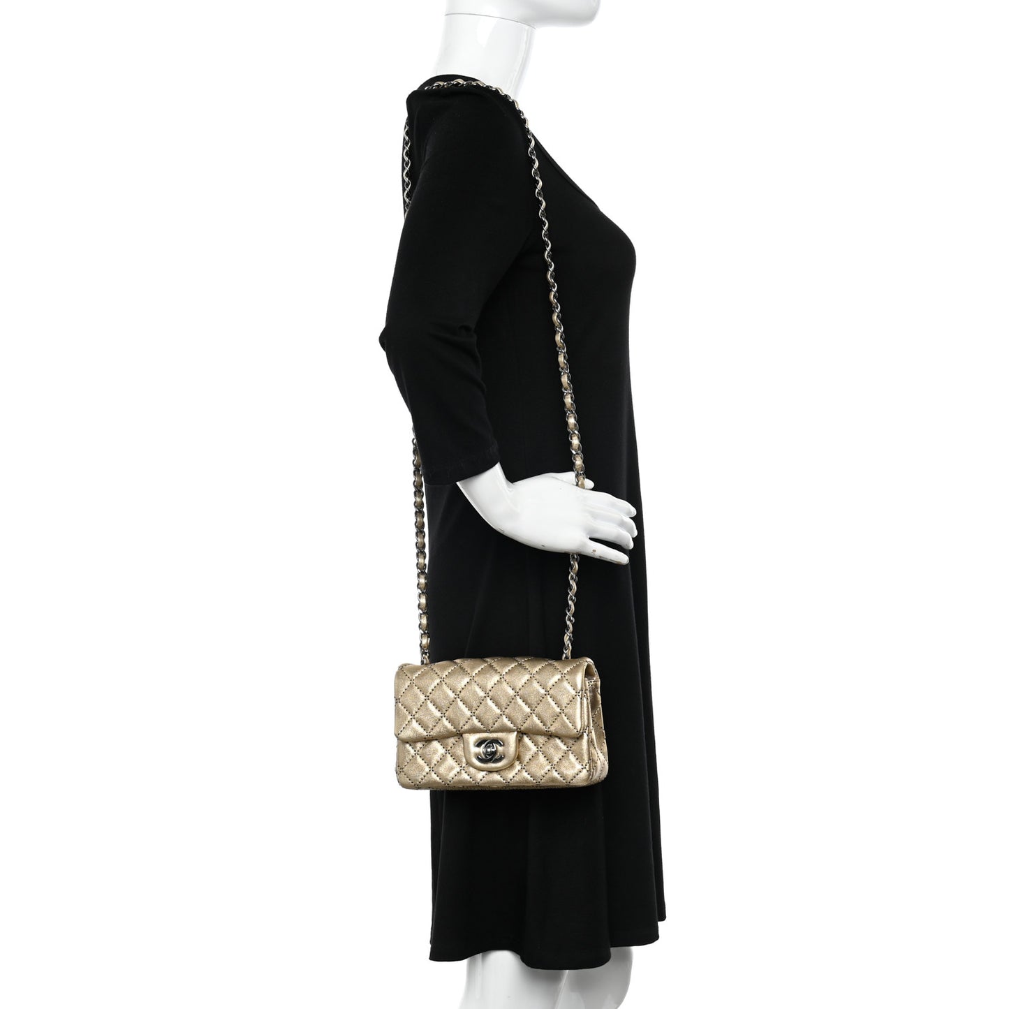 Metallic Lambskin Quilted Mini Side Stitch Rectangular Flap Gold
