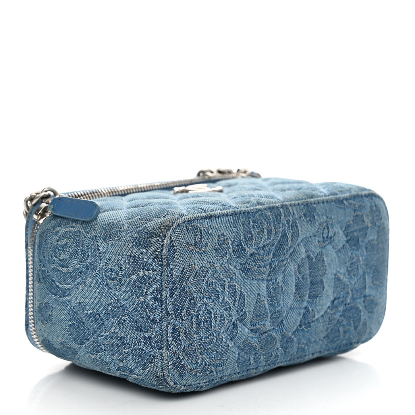 Denim Quilted Sweetheart Small Vanity Case With Chain Blue