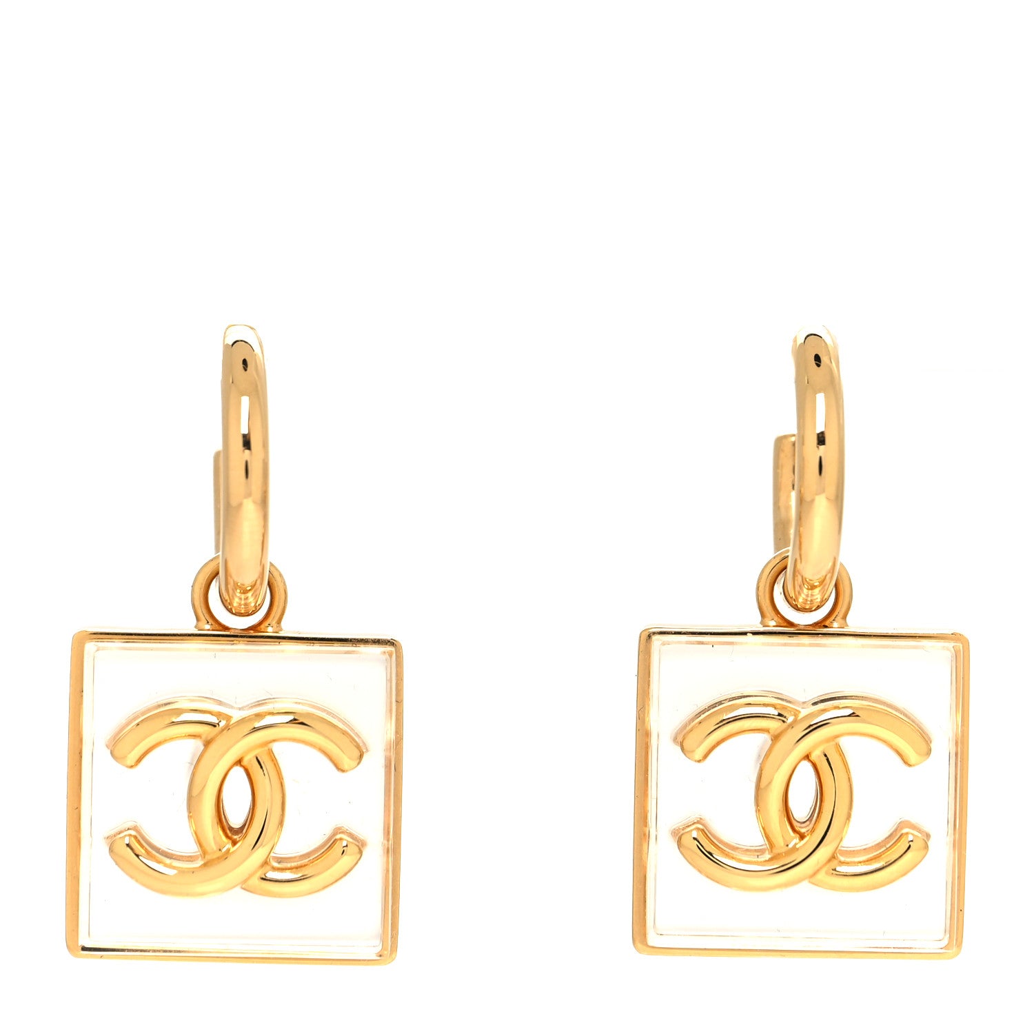 Chanel Metal Resin CC Square Drop Earrings Gold Transparent 1 of 4