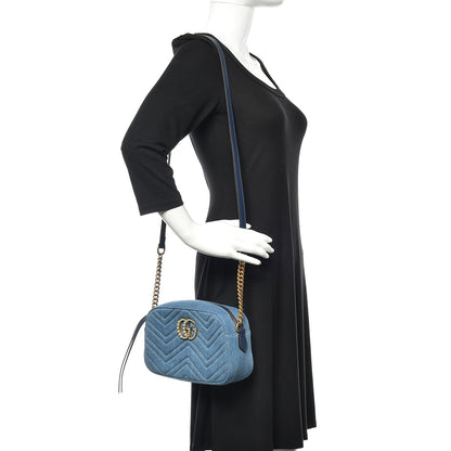 Gucci Denim Matelasse Small Pearly GG Marmont Chain Shoulder Bag Blue 2 of 9