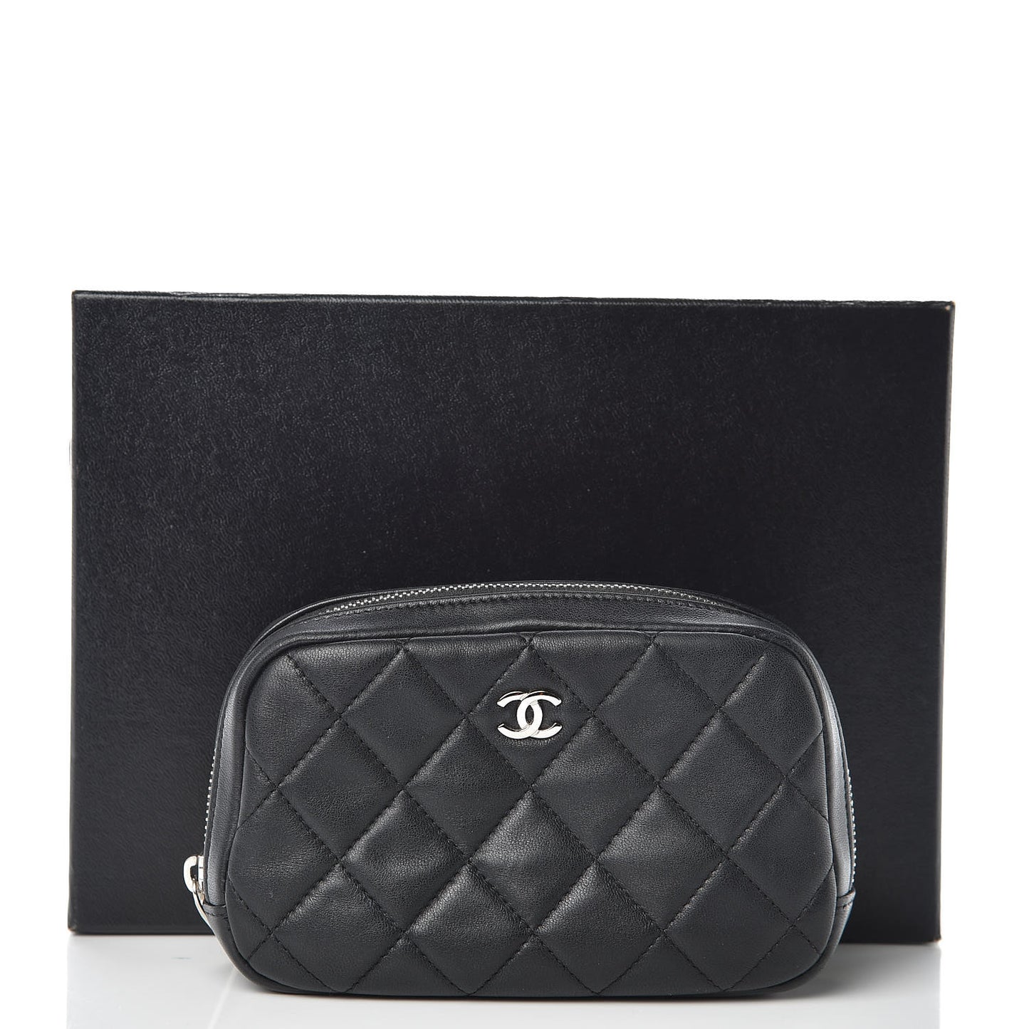 Lambskin Quilted Small Curvy Pouch Cosmetic Case Black