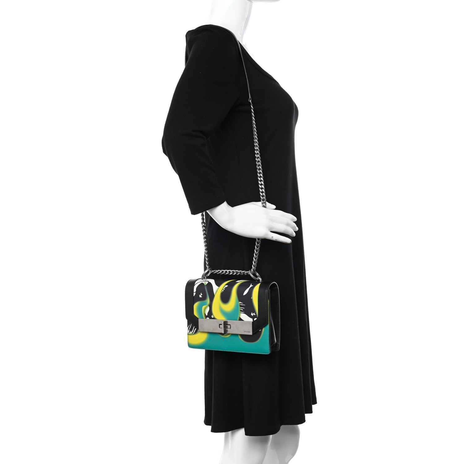 Prada City Calfskin Severine Mermaid Print Flap Black Mango 2 of 10