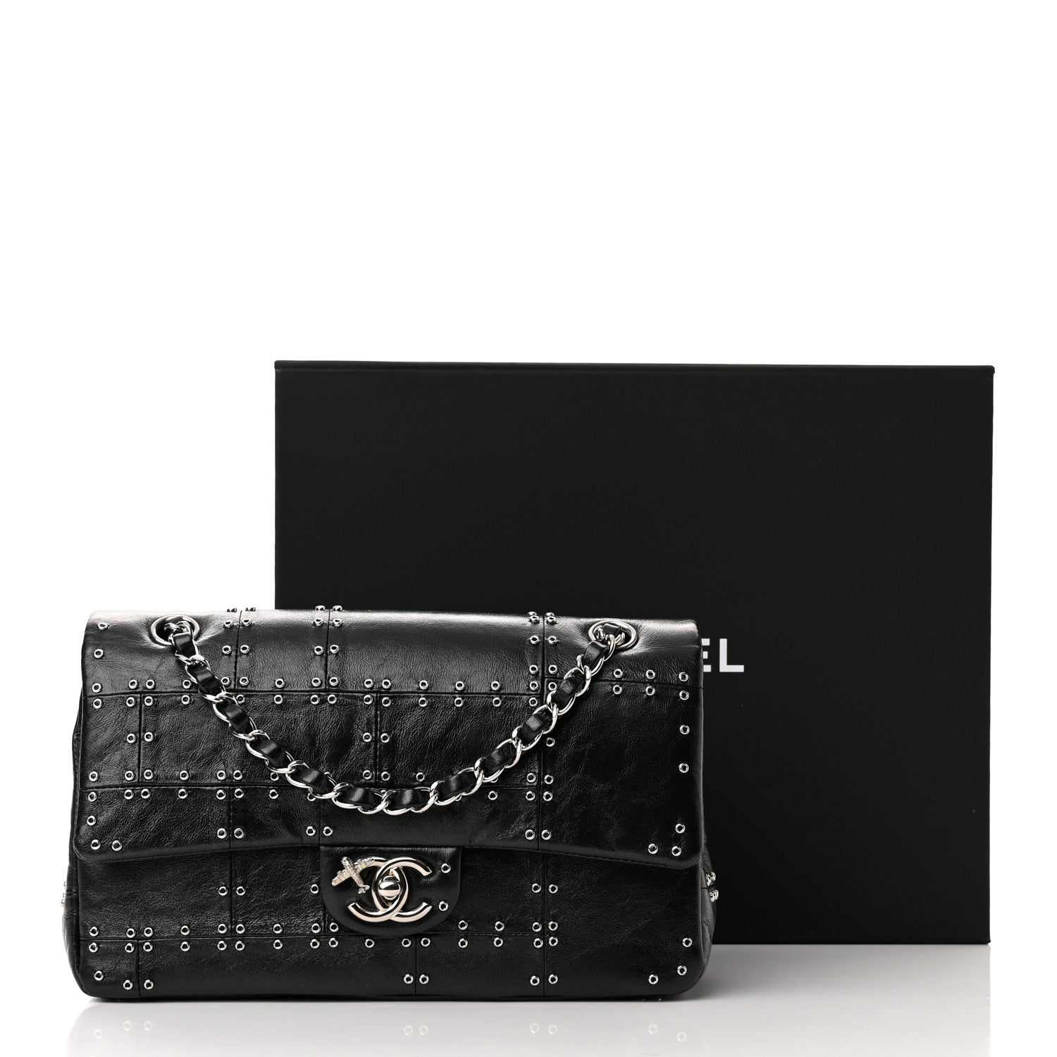 Chanel Glazed Calfskin Grommet Embellished Medium Airline Double Flap Black 11 of 11
