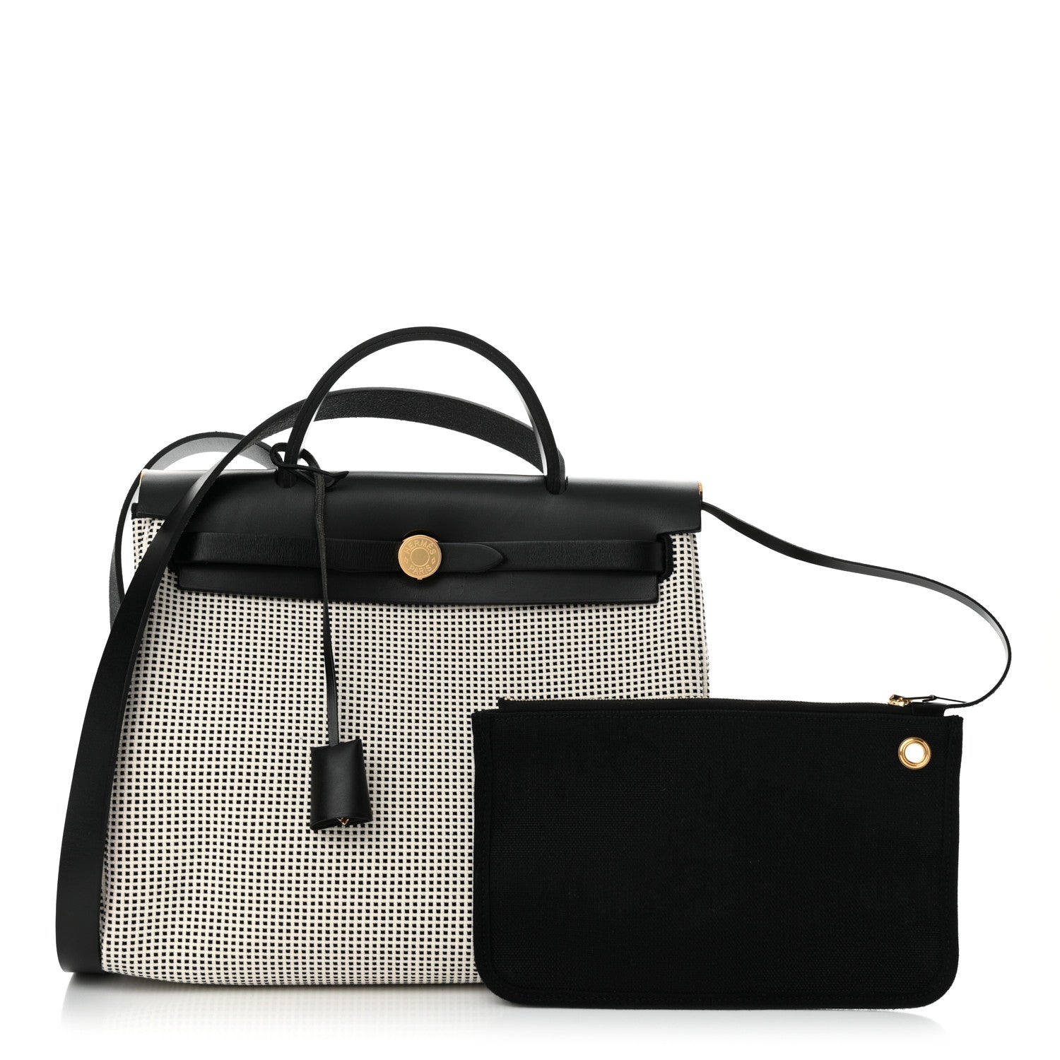 Hermes Vache Hunter Toile Quadrille Viking Herbag Zip Retourne 31 PM Ecru Black 3 of 11
