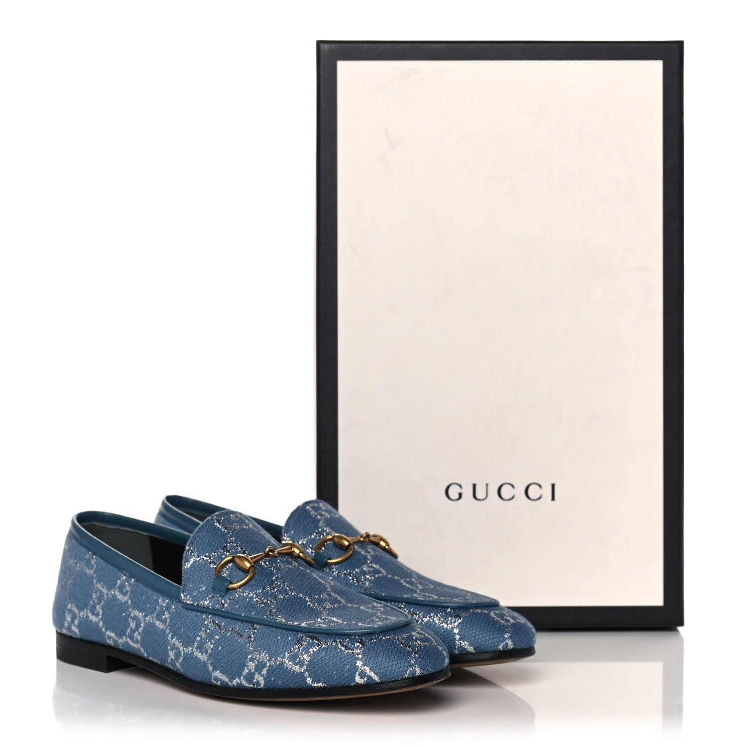 Gucci Canvas Lame GG Monogram Horsebit Womens Jordaan Loafers 37 Blue Silver 11 of 11