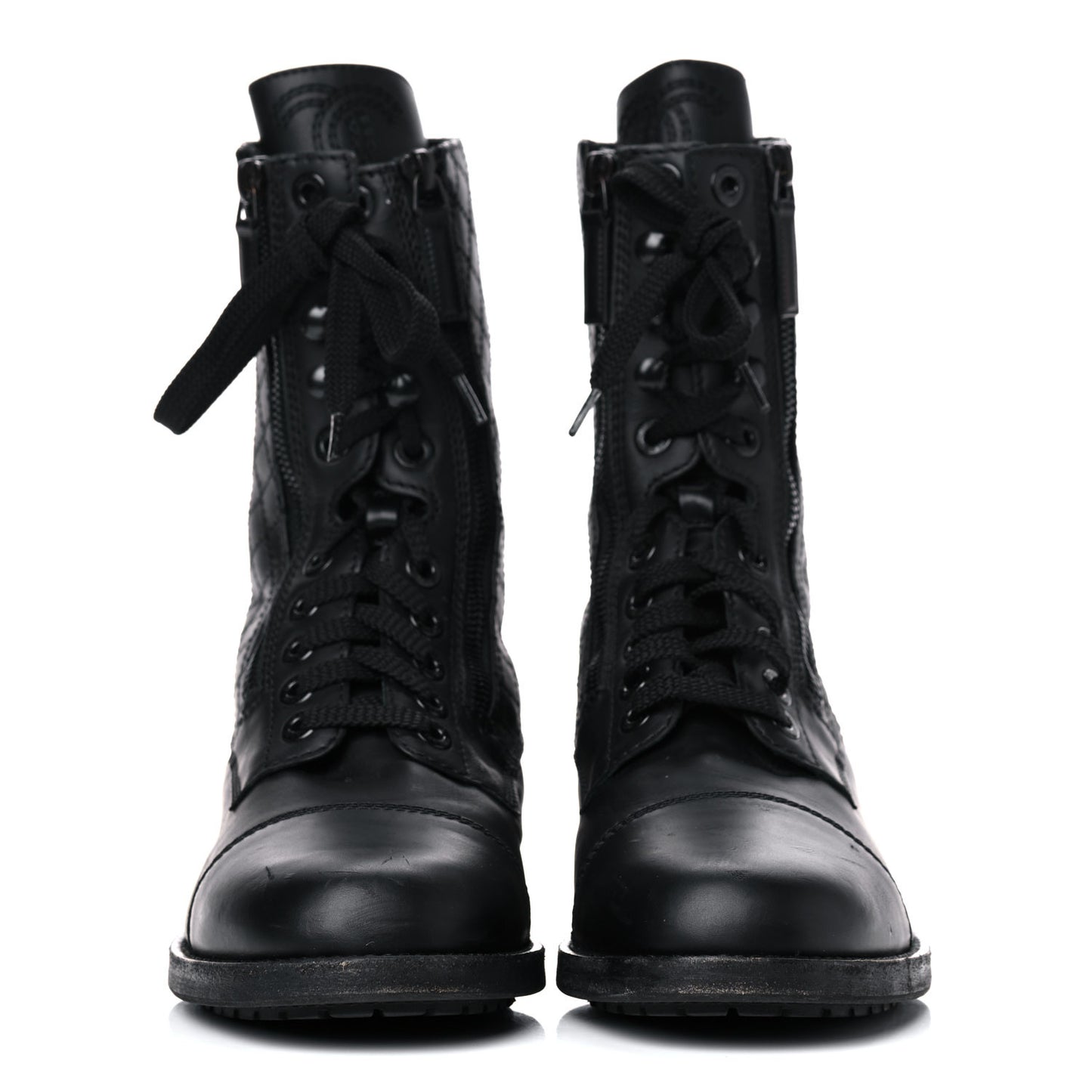 Calfskin Quilted Lace Up Combat Boots 40.5 Black