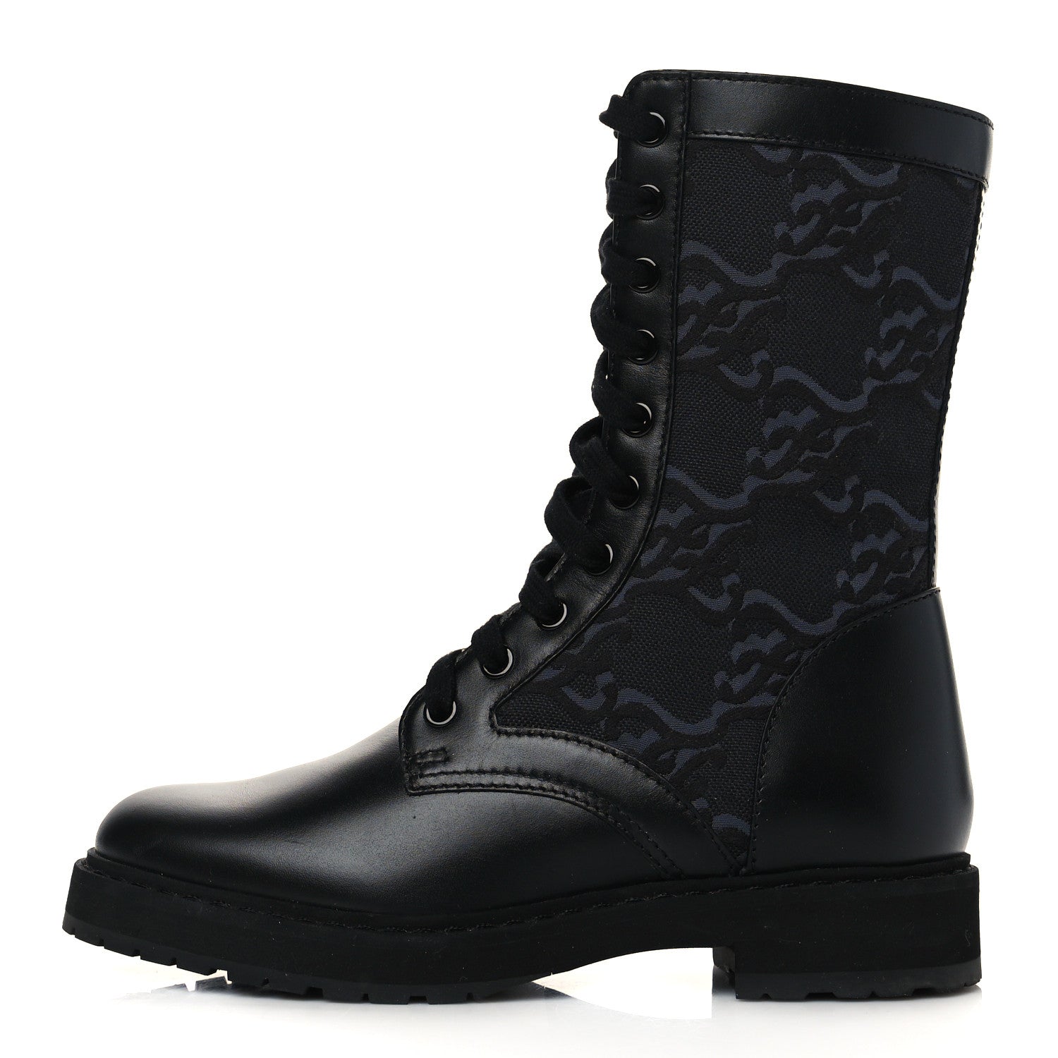 Fendi Vitello Fabric Jacquard Karligraphy Embroidered Womens Combat Boots 35.5 Black 1 of 7