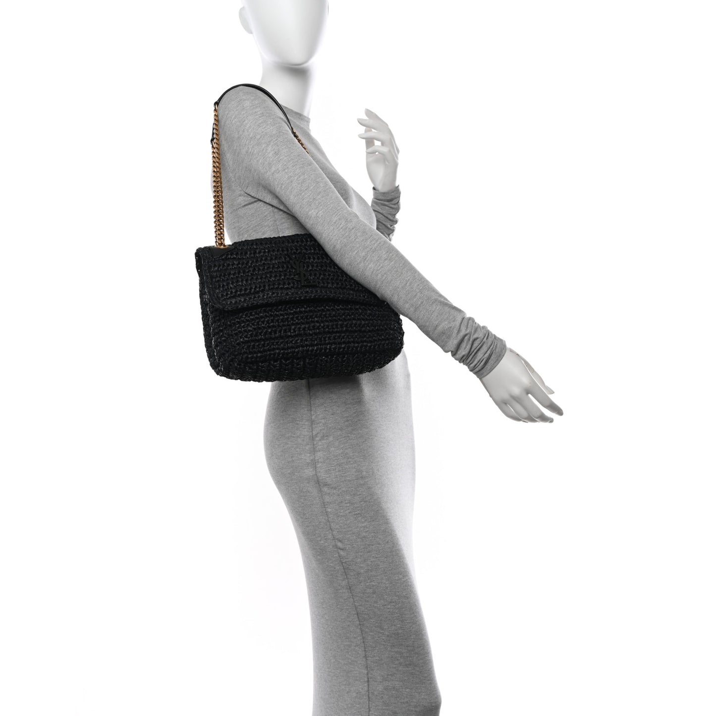 Raffia Calfskin Monogram Medium Niki Chain Satchel Black