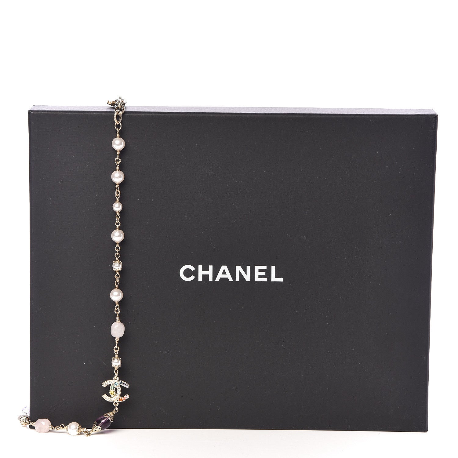 Chanel Crystal Pearl Glass CC Long Necklace Light Gold 5 of 5