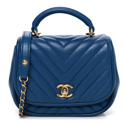 Chanel Lambskin Reverse Chevron Quilted Mini Round Top Handle Flap Blue 1 of 10