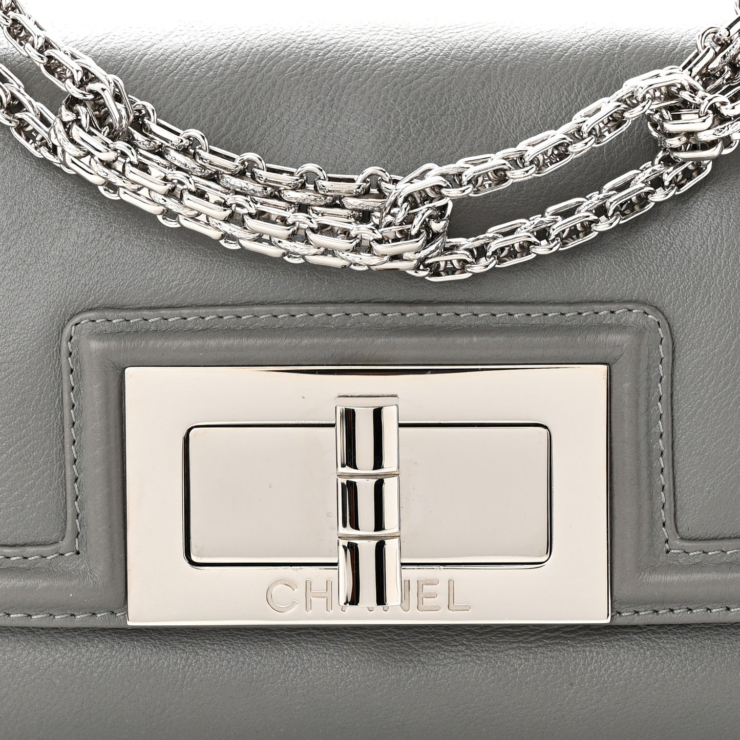 Grained Calfskin Mademoiselle Lock Bijoux Chain Flap Grey