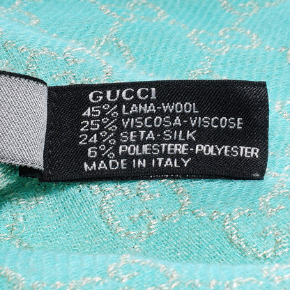 Gucci Wool Silk Jacquard Monogram Fringe Scarf Aqua Gold 6 of 7