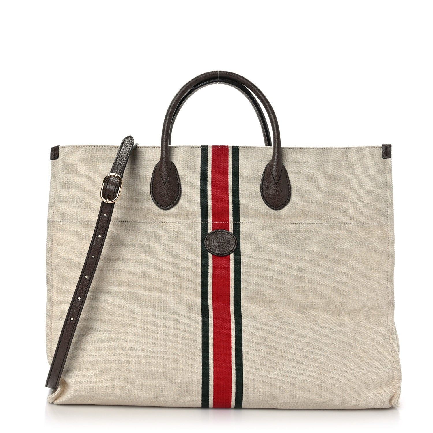 Gucci Linen Heavy Canvas Textured Dollar Calfskin Web Large Retro Interlocking G Foldable Tote Light Beige New Acero 1 of 9