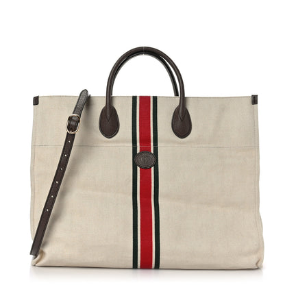Gucci Linen Heavy Canvas Textured Dollar Calfskin Web Large Retro Interlocking G Foldable Tote Light Beige New Acero 1 of 9