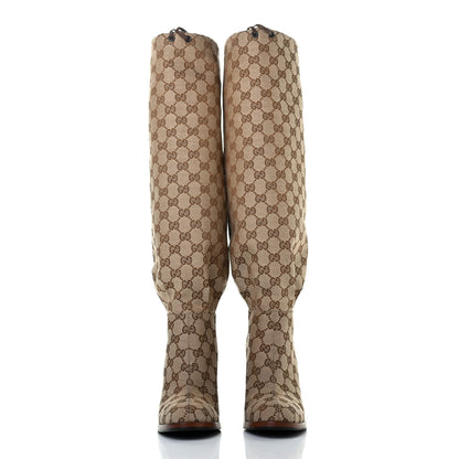 Gucci Monogram Malaga Kid Lisa Mid Heel Boots 37.5 Beige Ebony 2 of 6