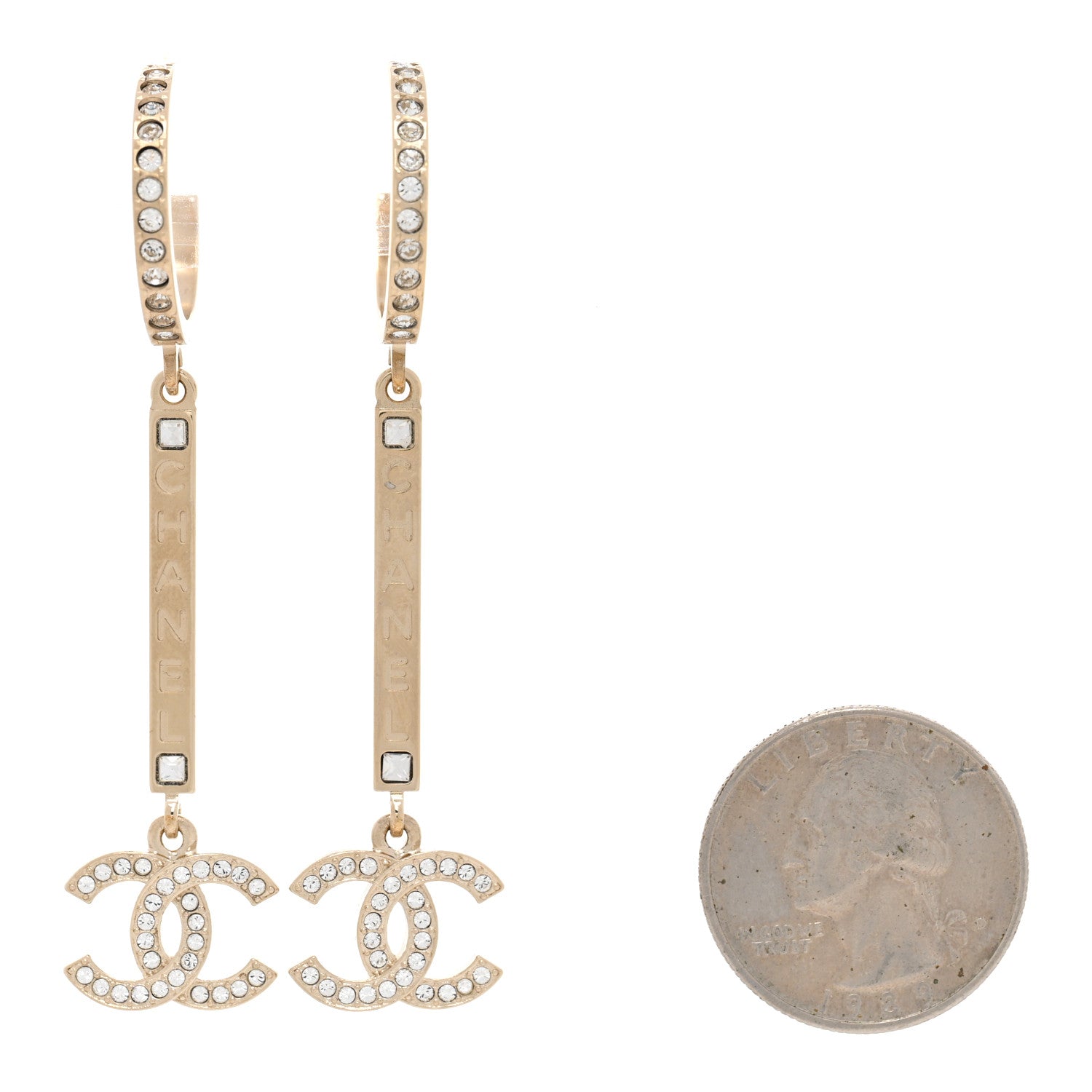 Chanel Crystal Lock Symbols Logo CC Hoop Drop Earrings Gold 2 of 4