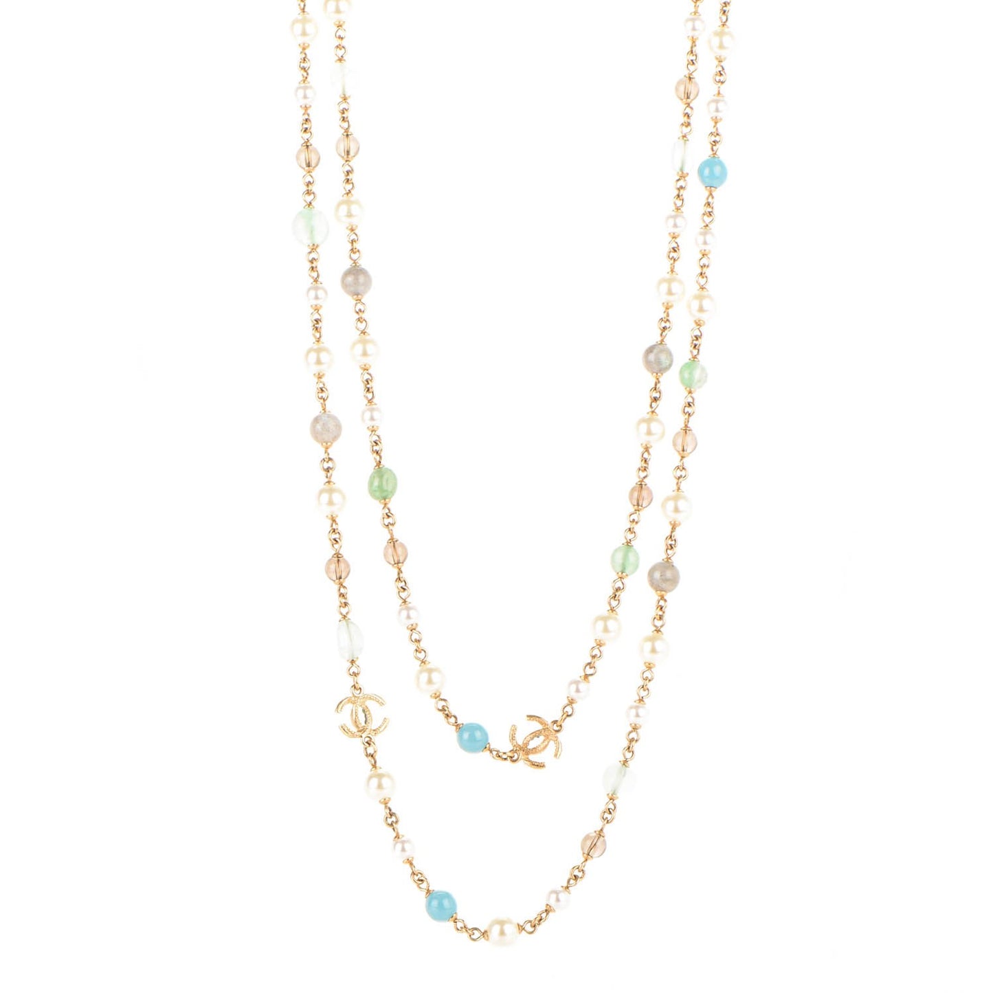 Pearl Beaded CC Long Necklace Blue Green Gold