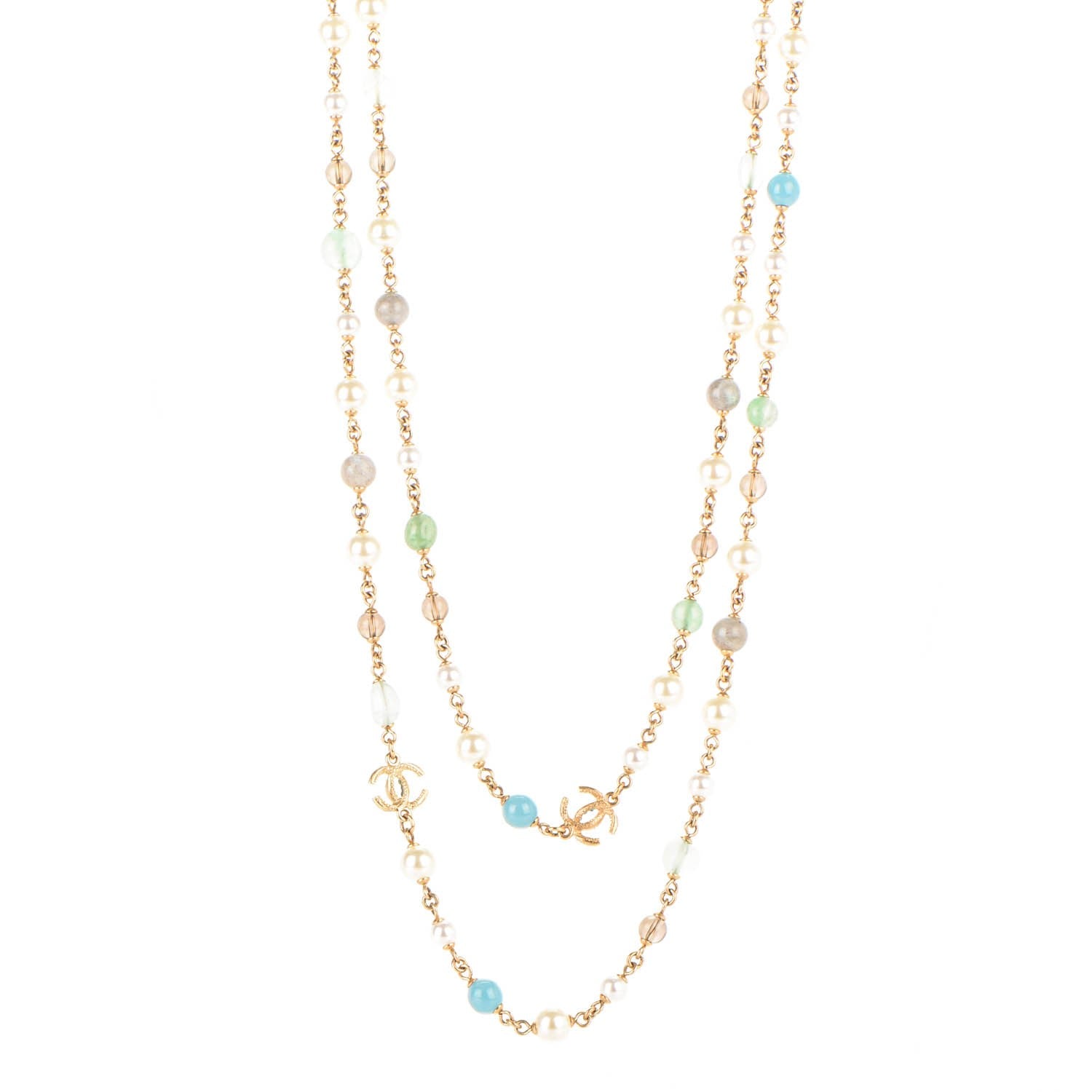 Chanel Pearl Beaded CC Long Necklace Blue Green Gold 1 of 4