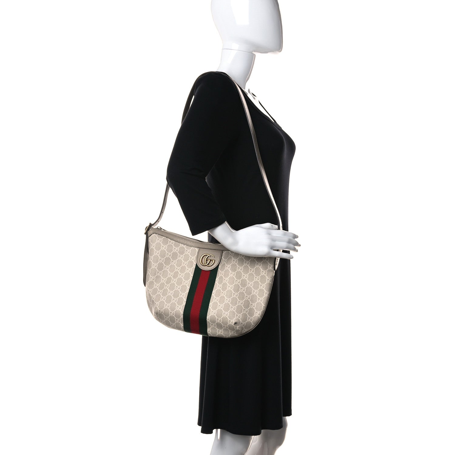 Gucci GG Supreme Monogram Textured Dollar Calfskin Web Small Ophidia Half Moon Hobo Beige Mystic White Oatmeal 2 of 11