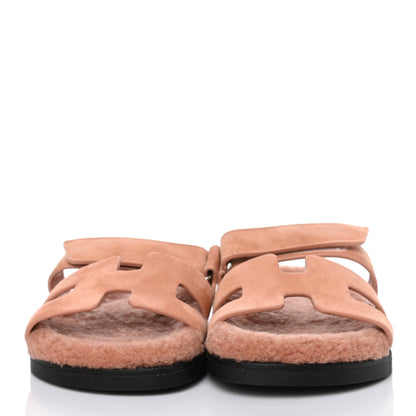 Hermes Suede Goatskin Woolskin Womens Chypre Sandals 37.5 Rose Aube 2 of 5