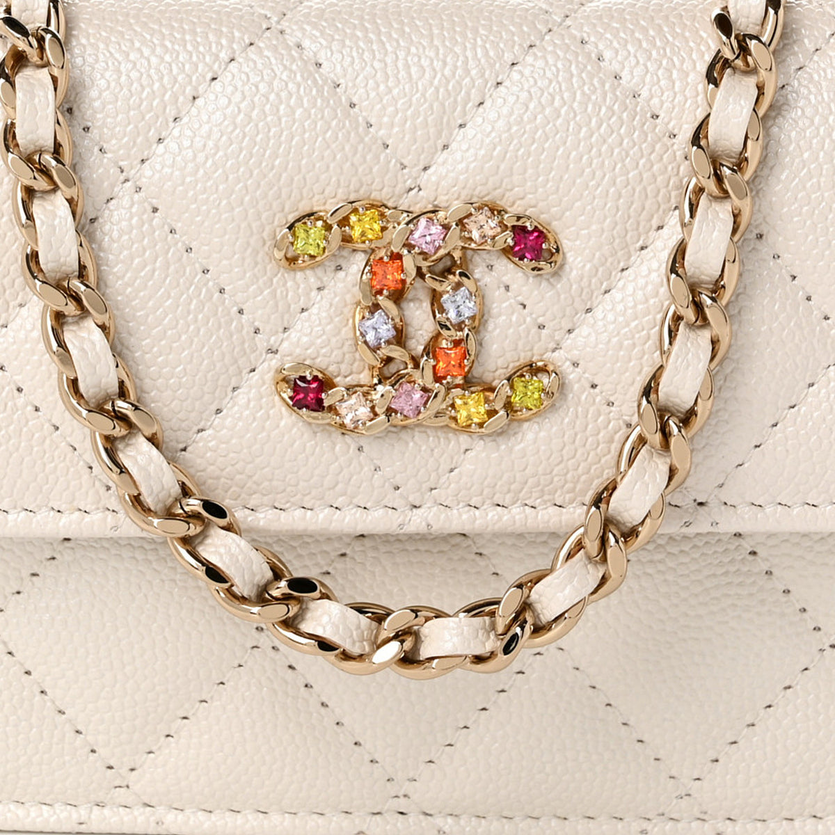 Caviar Quilted Crystal CC Clutch With Chain White